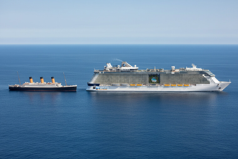 The Titanic Next to a Modern Cruise Ship