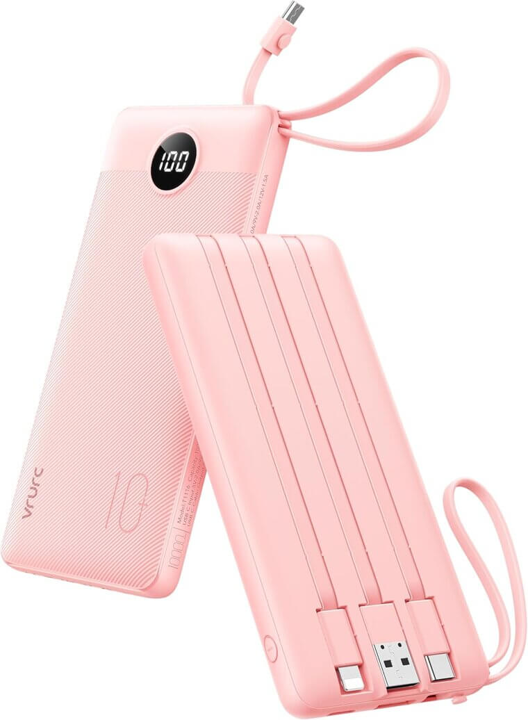 VRURC Portable Charger - Slim 10000mAh Power Bank with Built-in Cables - Enjoy 30% Off!
