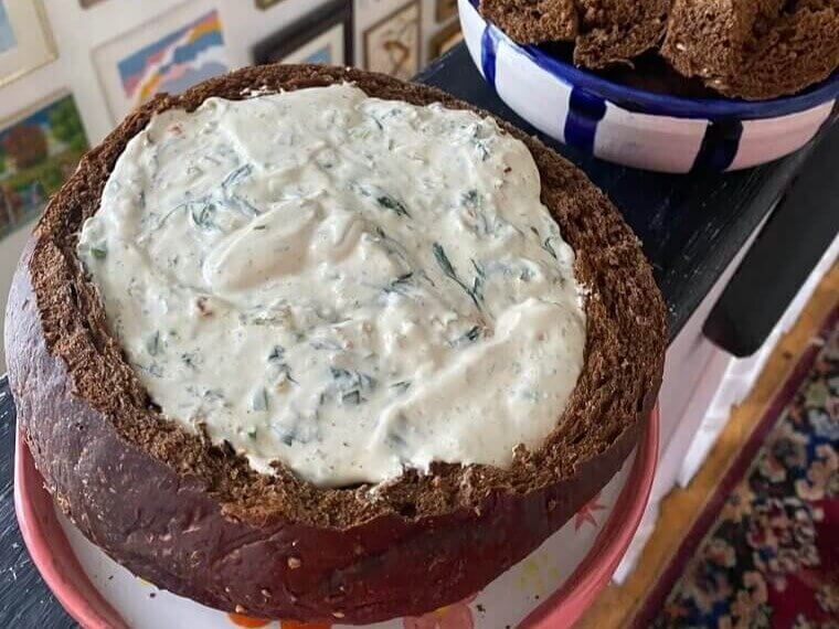 Spinach Dip in a Pumpernickel Bowl