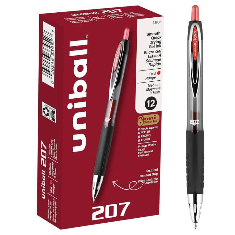 uni-ball 207 Gel Pens - Red Ink, Fraud Prevention, Pack of 12 