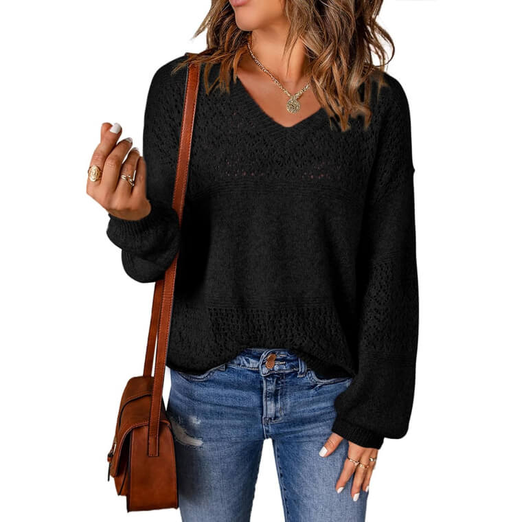 SHEWIN V Neck Crochet Sweater - Perfect Fall Knitwear