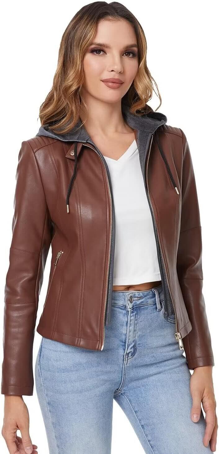 Faux Leather Biker Jacket with Removable Hood - Your Stylish Wardrobe Essential 