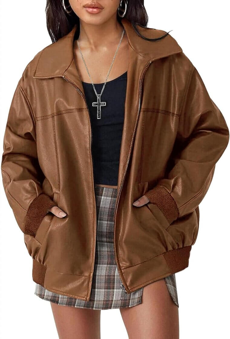 Faux Leather Moto Jacket - Trendy Oversized Style 