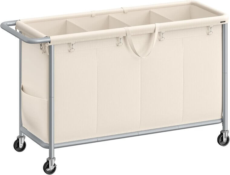 SONGMICS Laundry Cart with Wheels, 4-Section Hamper 