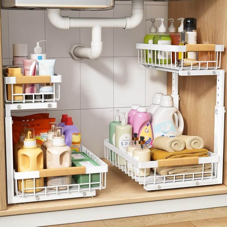 PXRACK Organizer: 2-Tier Slide-Out Storage for Kitchen & Bathroom 