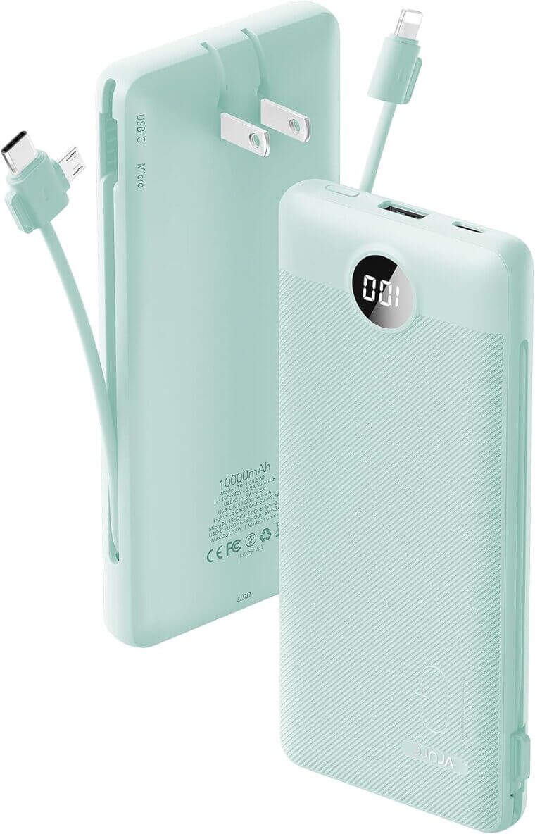 VRURC Portable Charger - Compact Power Bank with Built-in Cables - 20% Off!