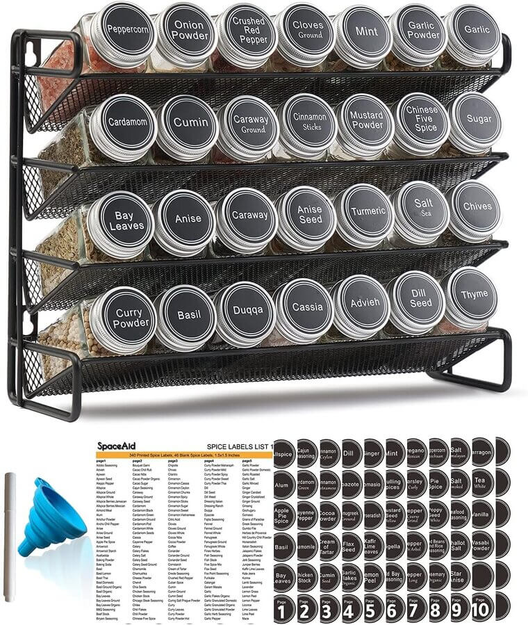 SpaceAid Spice Organizer - 28 Jars, 386 Labels, Chalk Marker & Funnel - Enjoy 18% Off!
