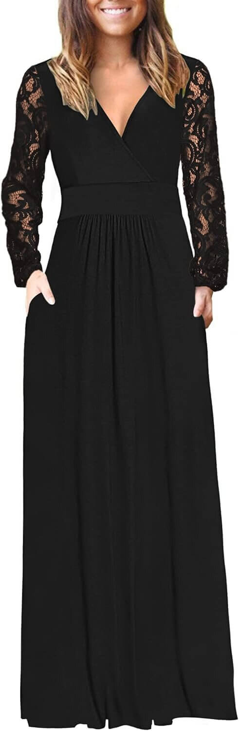 AUSELILY Maxi Dress - Stylish Lace Sleeves, Perfect for Fall 