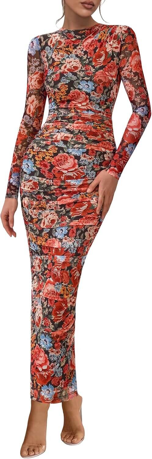 PRETTYGARDEN Maxi Dress - Elegant Floral Bodycon for Fall Events 