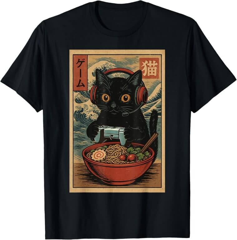 Kawaii Gamer Cat T-Shirt - Perfect for Anime and Ramen Lovers