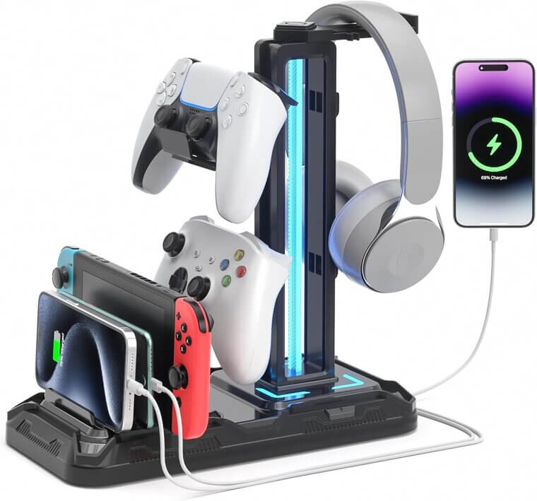 KDD Headset Stand with Charging Station - 9 Light Modes & USB Ports