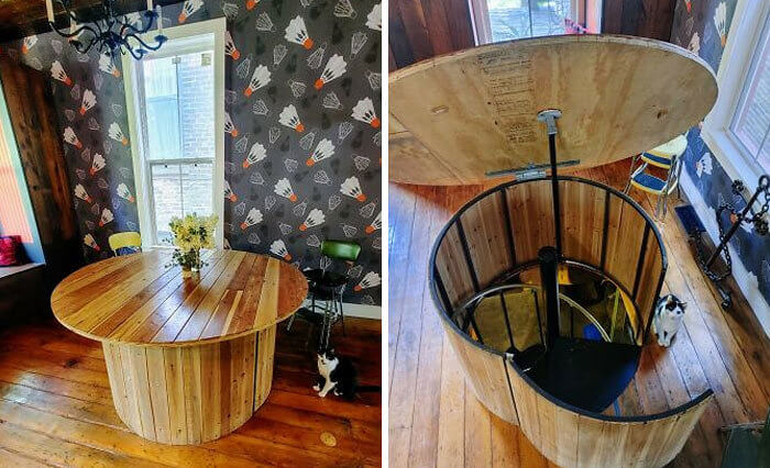 Ein Tisch mit einer geheimen Wendeltreppe