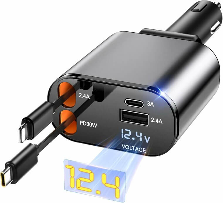 Efficient Retractable Car Charger with 4-in-1 Fast Charging - Now 20% Off!