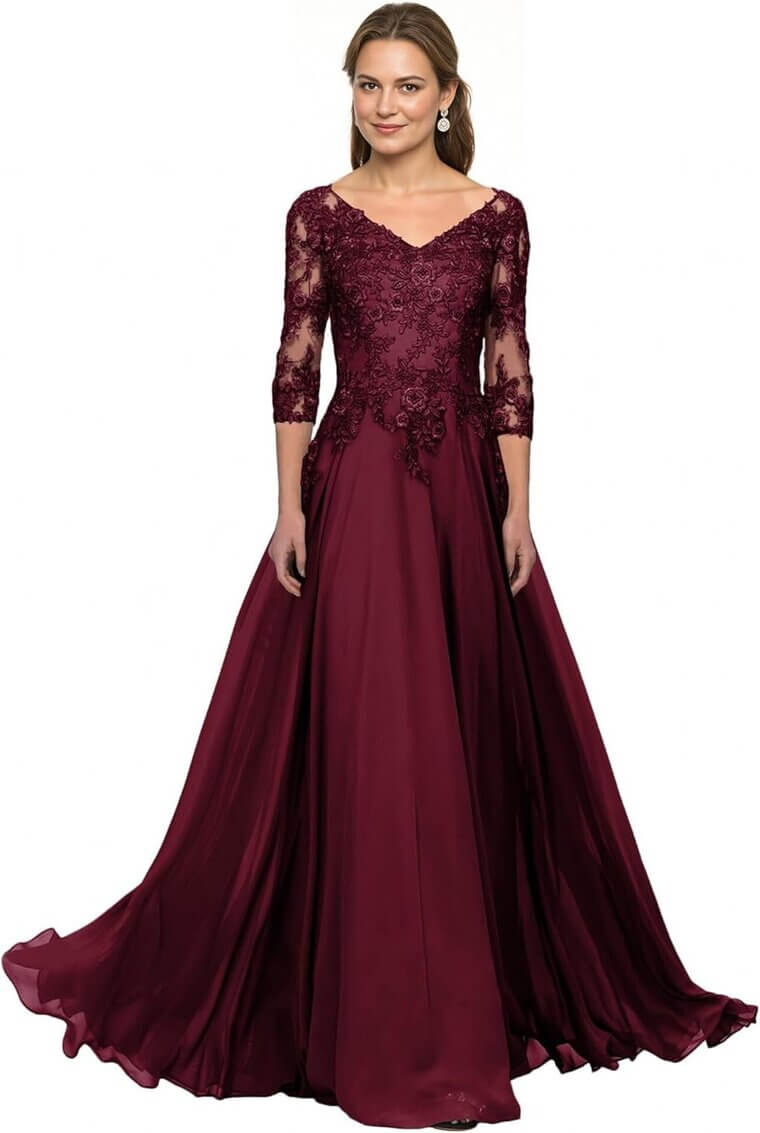 V Neck Lace Dress - Elegant Burgundy Evening Gown 