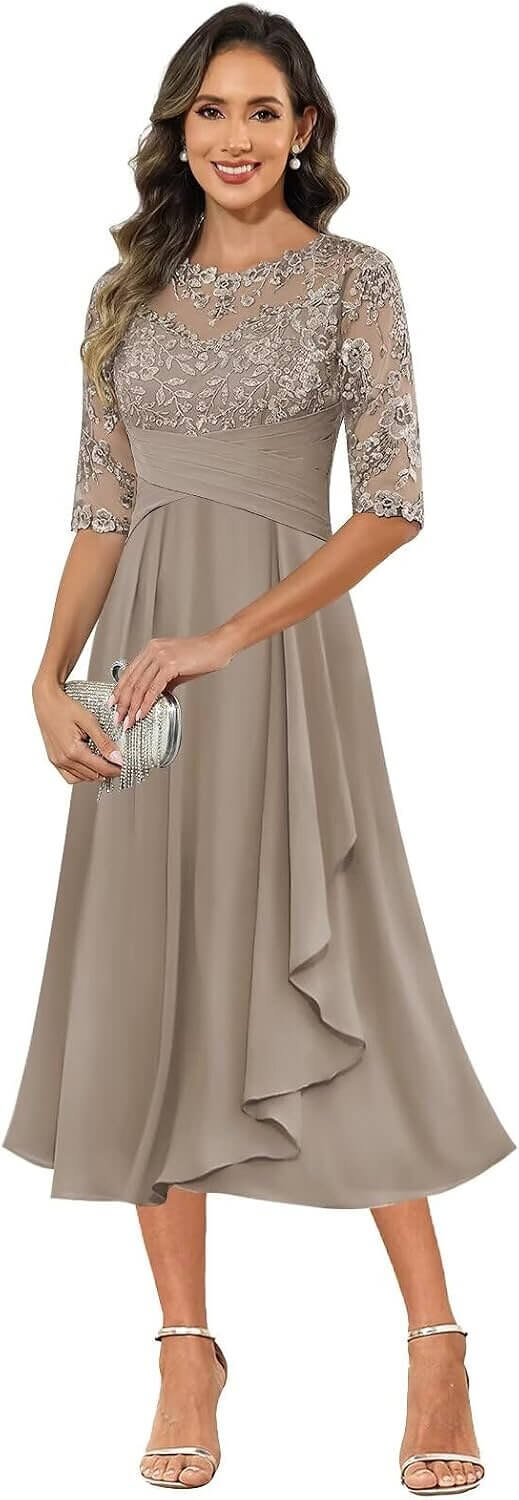 Chiffon Lace Tea Dress - Perfect for Formal Occasions 