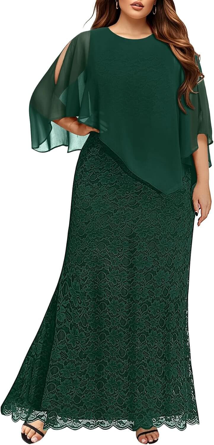 Plus Size Cape Dress - Elegant Evening Gown with Chiffon Overlay 