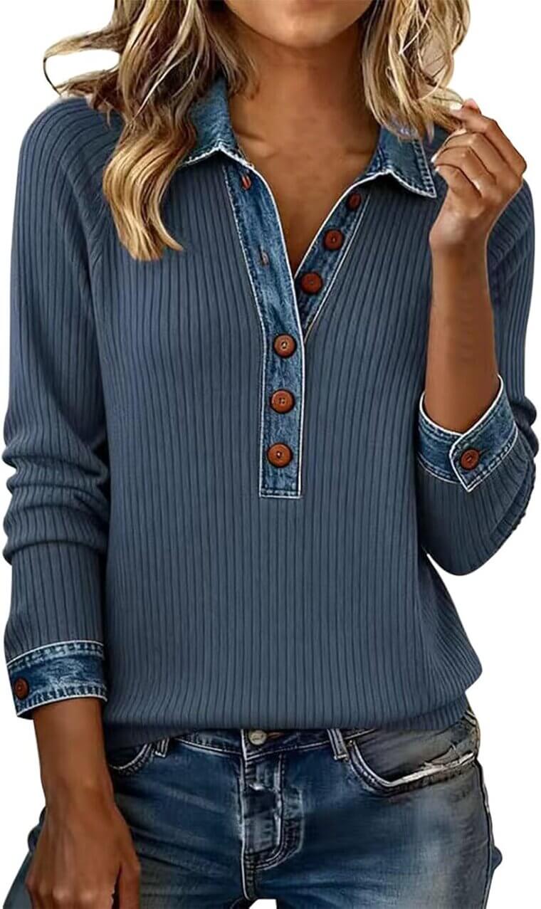Waffle Knit Tops with Denim Collar - Chic Long Sleeve Pullover 