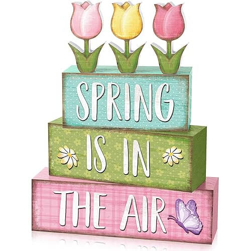 Beautiful Tulip Wooden Block Signs Set that Creates Instant Spring Charm. Now 18% Off!