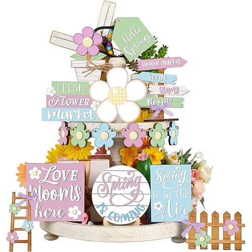 Charming Spring Flower Tiered Tray Set that Brightens Your Farmhouse Decor. Now 19% Off!