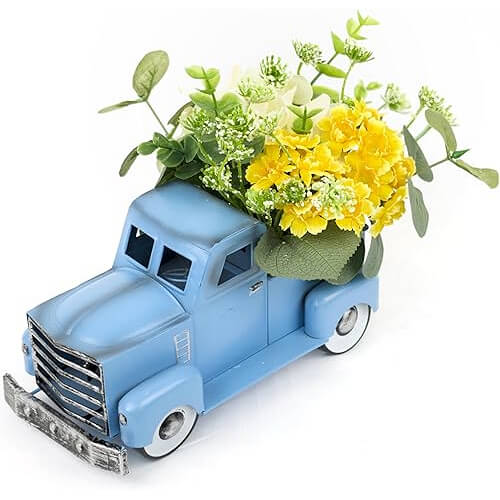 Vintage Blue Truck Spring Centerpiece that Adds Farmhouse Charm Instantly. 