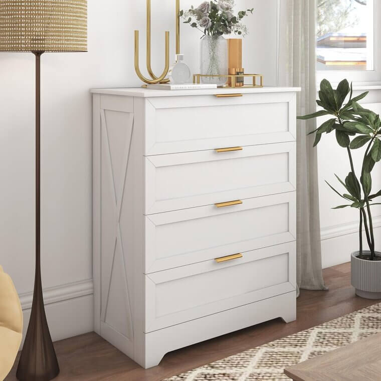 White 4 Drawer Dresser with Golden Handles - Stylish Storage Solution - 16% Off!