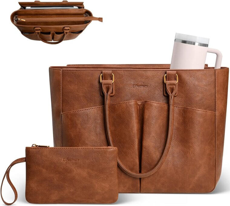 Leather Laptop Tote - Stylish Work Bag with Cup Holder - Now 33% Off!