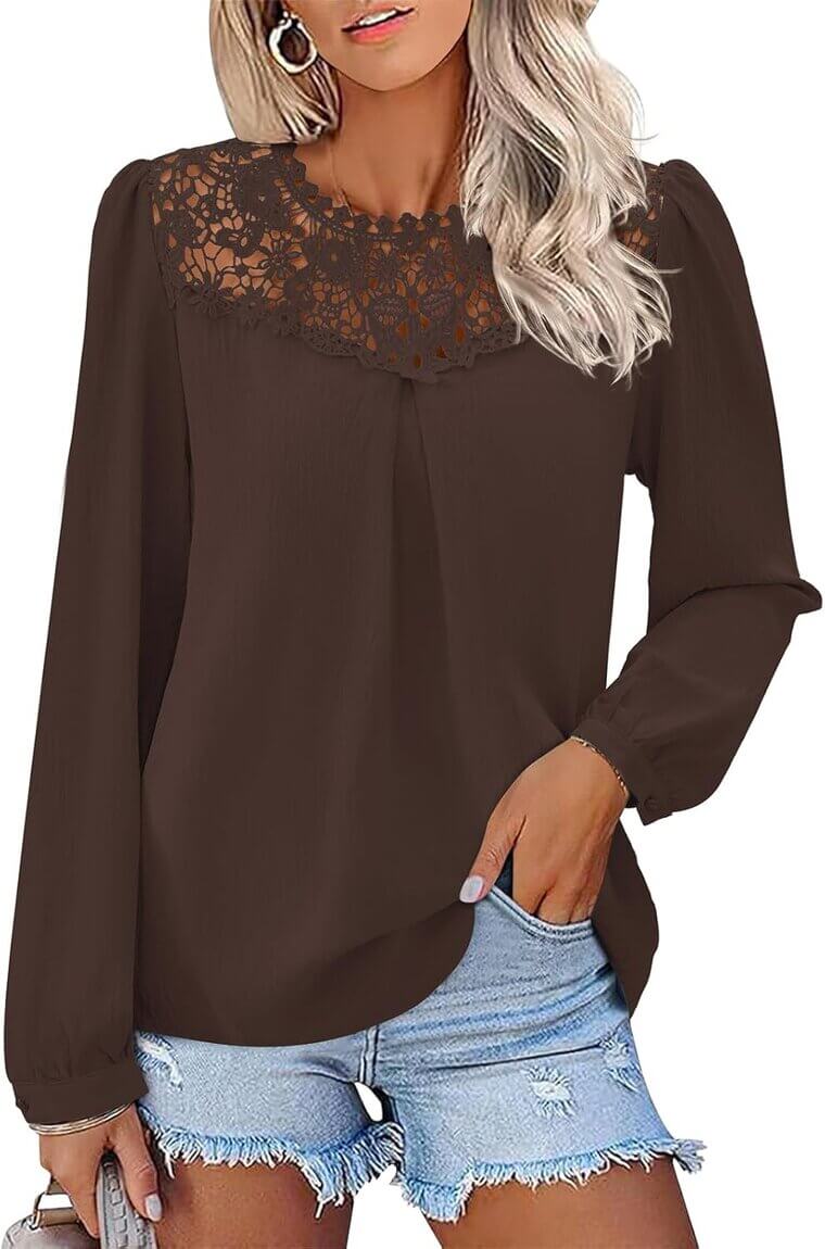 Boho Flowy Tops for Women with Long Sleeves and Lace Hem 