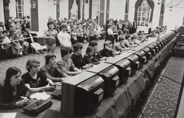 Early Computer Enthusiasts Gathering for a Competitive Gaming Event