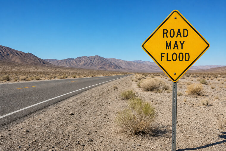 "Road May Flood" Next to a Desert Highway