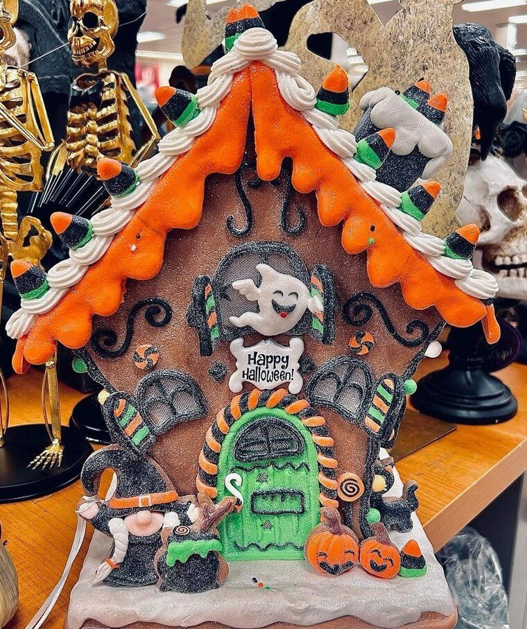 A Gingerbread House Decorated for Halloween