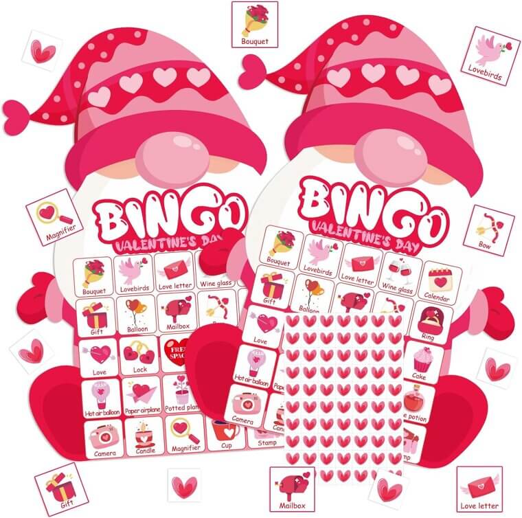 Valentine Gnome Bingo - Fun Party Game for 24 Players