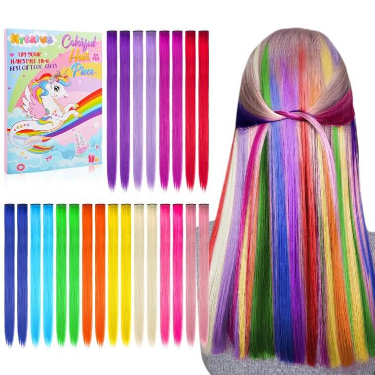 Rainbow Hair Extensions Gift Set - 24PCS Colorful Fun