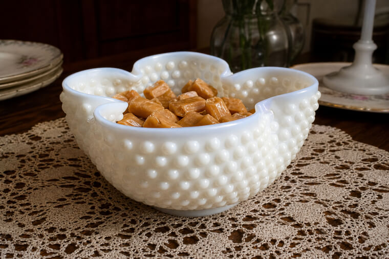 Moonstone Opalescent Cloverleaf Bowl Glows