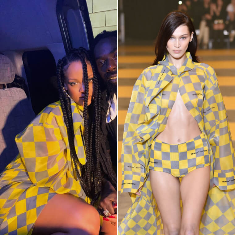Rihanna et Bella Hadid dans le même ensemble à carreaux gris et jaunes