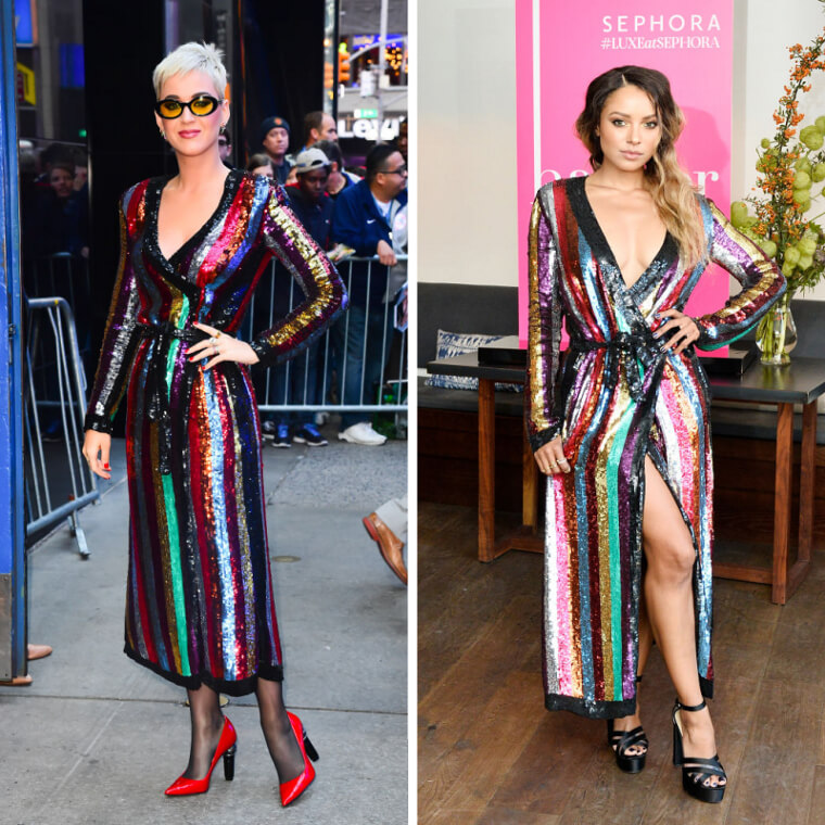 Kat Graham et Katy Perry portaient la même robe arc-en-ciel à paillettes de Christopher Kane