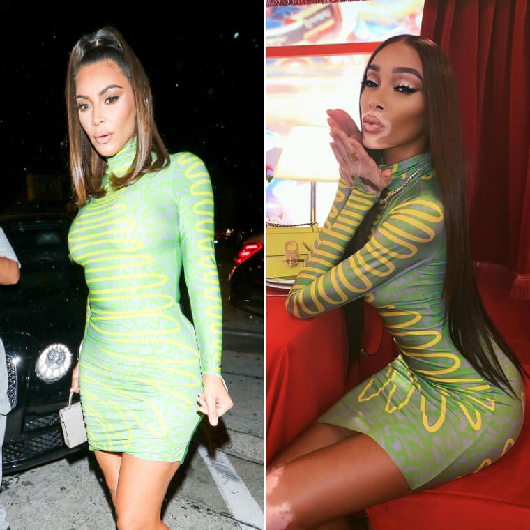 Kim Kardashian West et Winnie Harlow portaient la même robe verte et jaune en forme de gribouillis