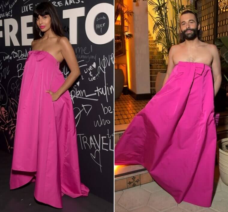Jameela Jamil et Jonathan Van Ness portaient la même robe bustier rose vif