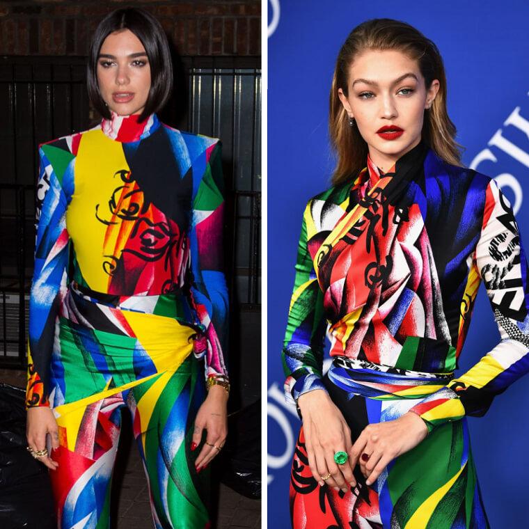Dua Lipa et Gigi Hadid portaient la même combinaison multicolore Versace