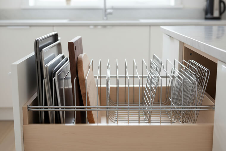 Store baking sheets and trays vertically