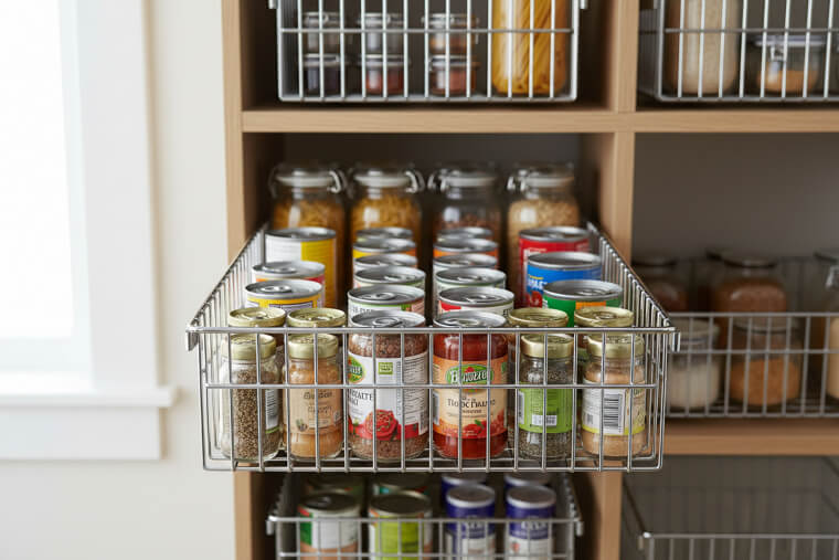 Front-to-back slim baskets for cans and jars