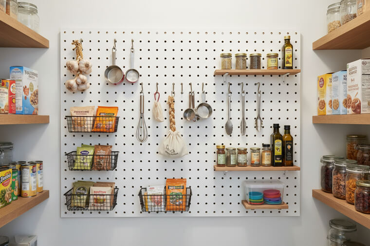 Pegboard inside the pantry for flexible storage