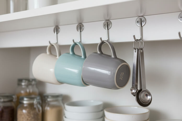 Under-shelf hooks for mugs and tools