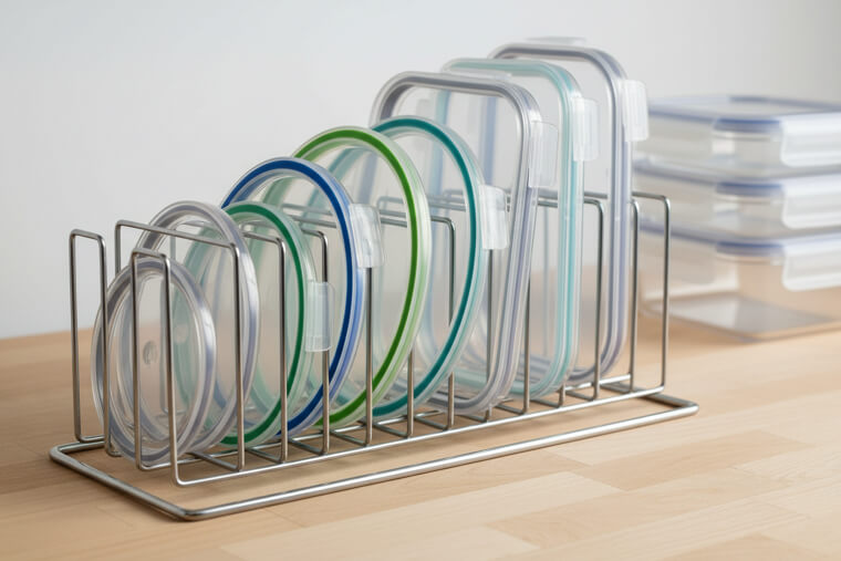Vertical lid storage in a file rack