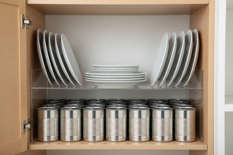 Multi-tiered shelf risers for plates and canned rows