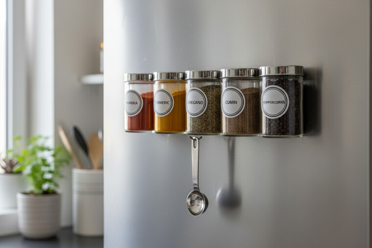 Magnetic Spice Jars on the Fridge Door