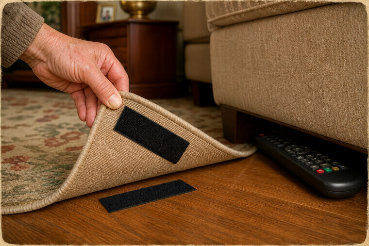 Use Velcro Strips to Secure Rug Corners and Remotes