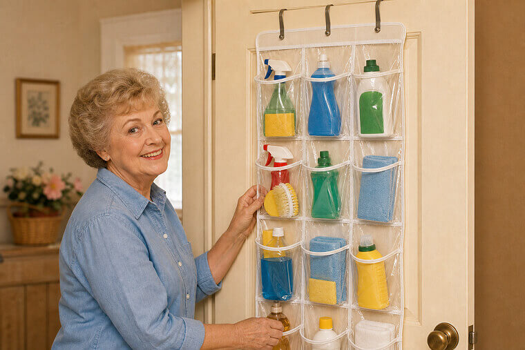 Use Clear Shoe Organizers Over Doors for Cleaning Supplies