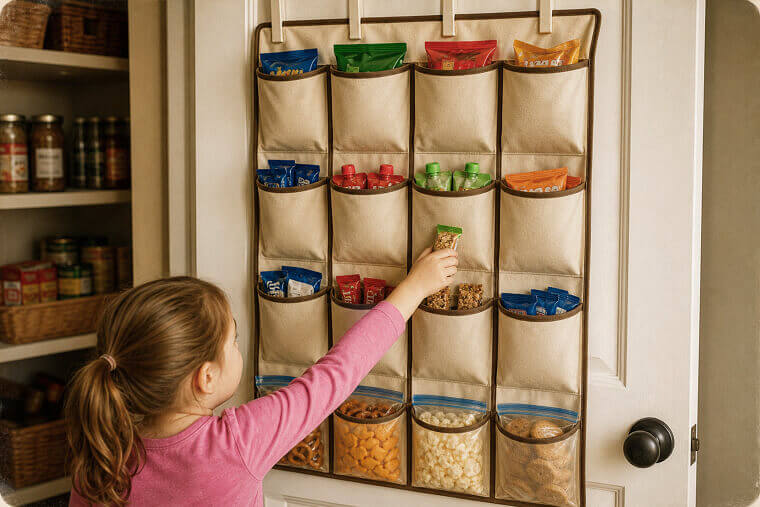 Hang Canvas Shoe Organizers Inside Pantry for Snacks