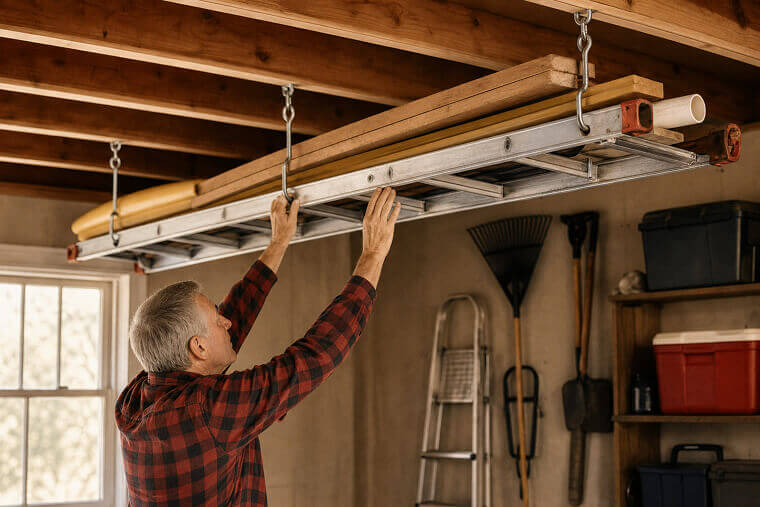 Hang Ladder on Garage Ceiling to Store Long Items