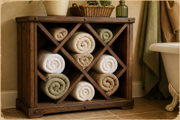 Use a Wine Rack to Organize Rolled Bath Towels
